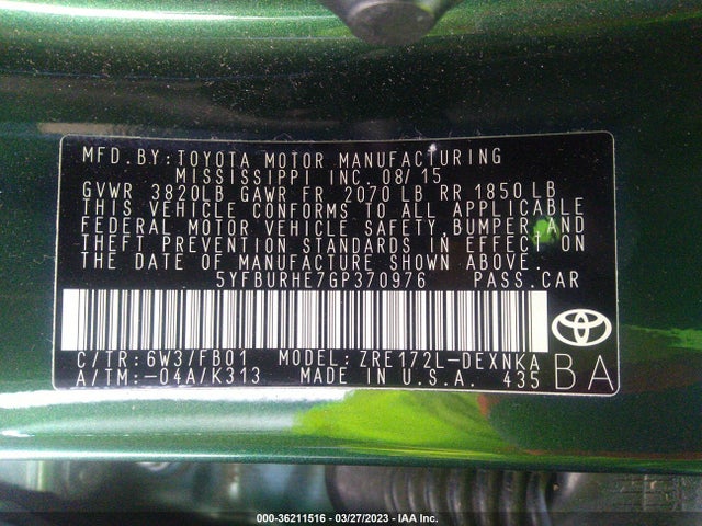 Toyota Corolla L/le/s/s Plus/le Plus 2016 5YFBURHE7GP370976 Image 10