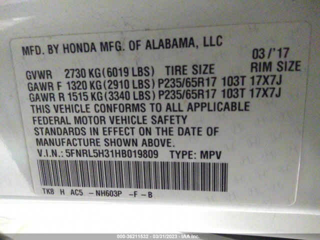 Honda ODYSSEY SE 2017 5FNRL5H31HB019809 Image 9