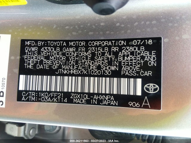 2019 TOYOTA C-HR XLE/LE/LIMITED VIN: JTNKHMBX7K1020130