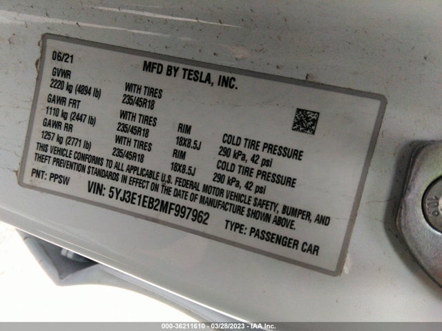 Tesla Model 3 Long Range 2021 5YJ3E1EB2MF997962 Image 11