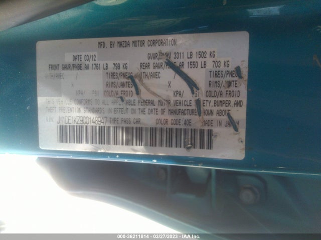 2012 MAZDA MAZDA2 SPORT VIN: JM1DE1KZ9C0148947
