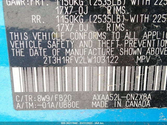 2020 TOYOTA RAV4 LE VIN: 2T3H1RFV2LW103122