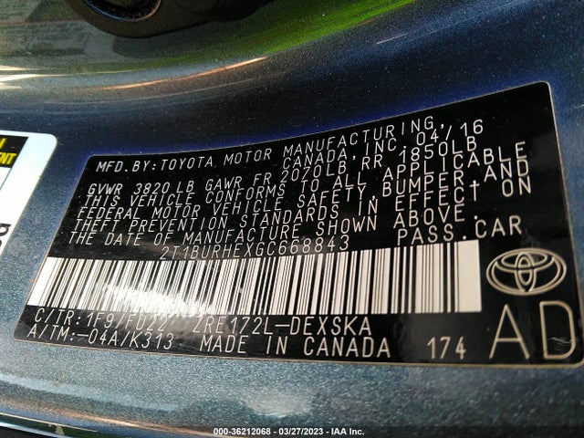 2016 TOYOTA COROLLA L/LE/S/S PLUS/LE PLUS VIN: 2T1BURHEXGC668843