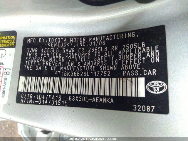 2006 TOYOTA AVALON XL/TOURING/XLS/LIMITED VIN: 4T1BK36B26U117752