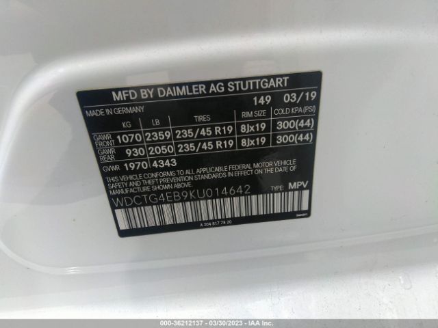 WDCTG4EB9KU014642 Mercedes-Benz Gla Gla 250