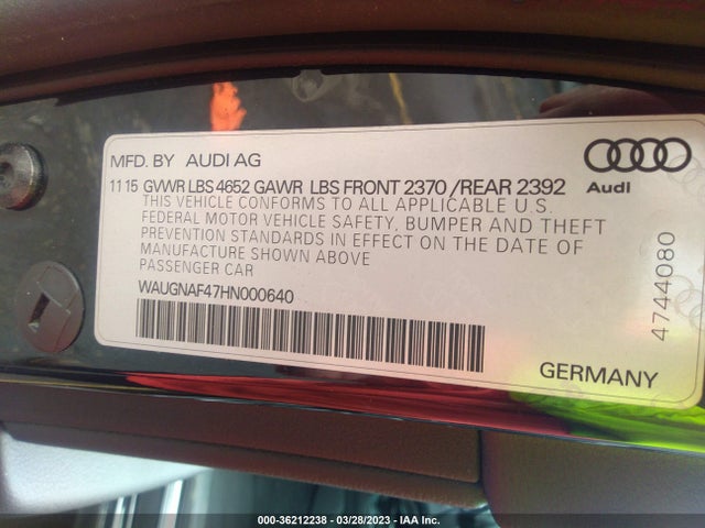 36212238 :رقم المزاد ، WAUGNAF47HN000640 vin ، 2017 Audi A4 Premium مزاد بيع