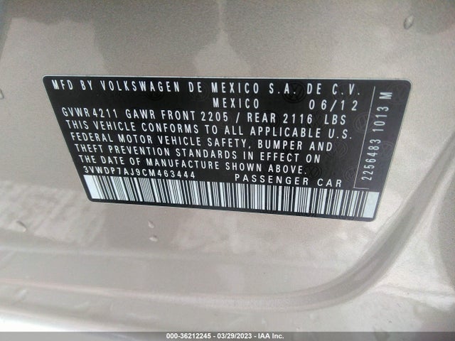 Продажа на аукционе авто 2012 Volkswagen Jetta Sedan Se Pzev, vin: 3VWDP7AJ9CM463444, номер лота: 36212245