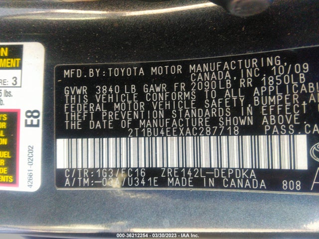 2010 TOYOTA COROLLA LE VIN: 2T1BU4EEXAC287718