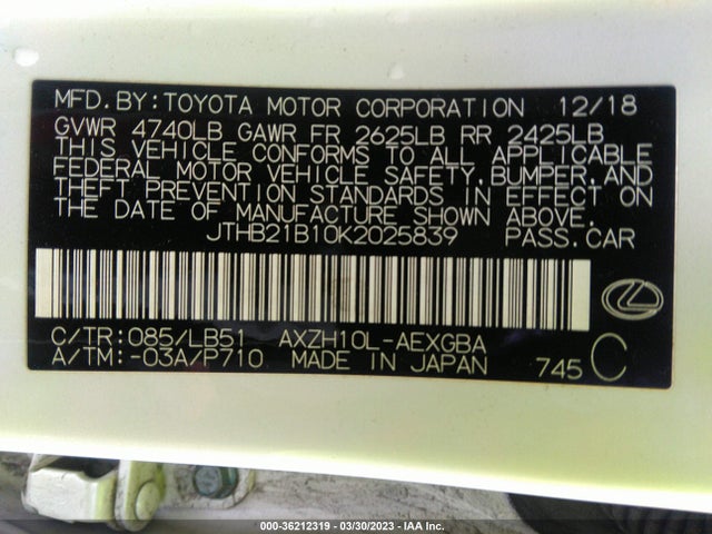 JTHB21B10K2025839 Lexus Es Es 300h
