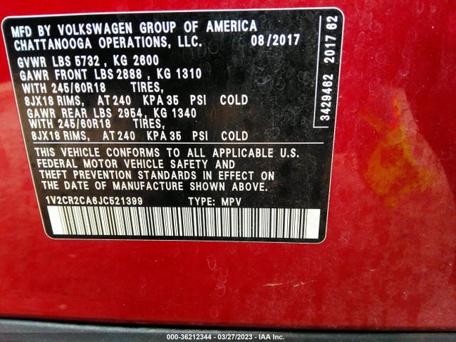 1V2CR2CA6JC521399 Volkswagen Atlas 3.6l V6 Se