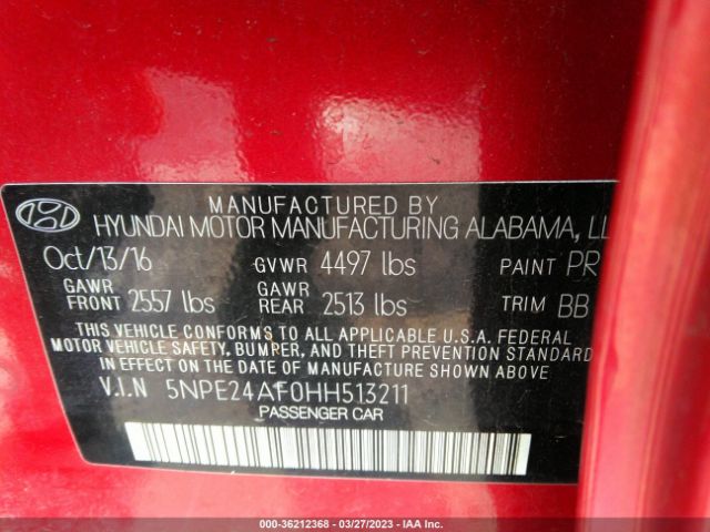 5NPE24AF0HH513211 Hyundai SONATA SE