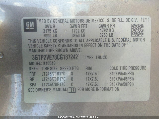 2012 GMC SIERRA 1500 SLE VIN: 3GTP2VE78CG187242