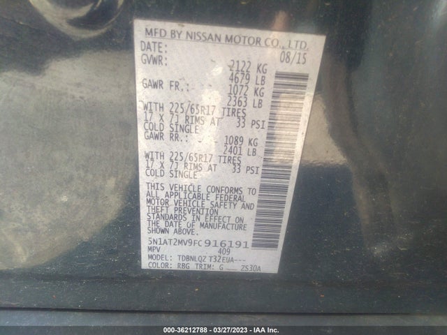2015 NISSAN ROGUE SV VIN: 5N1AT2MV9FC916191