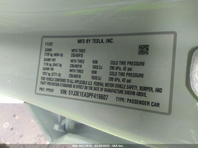 5YJ3E1EA3PF419607 Tesla MODEL 3