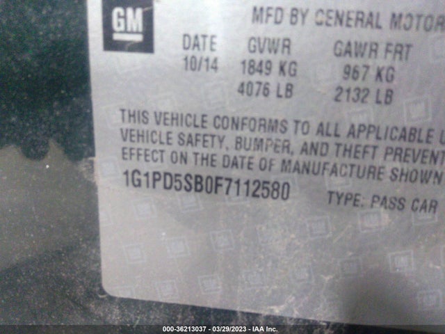 2015 Chevrolet Cruze, VIN: 1G1PD5SB0F7112580