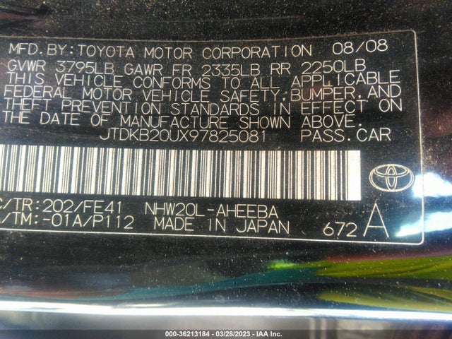 2009 TOYOTA PRIUS VIN: JTDKB20UX97825081