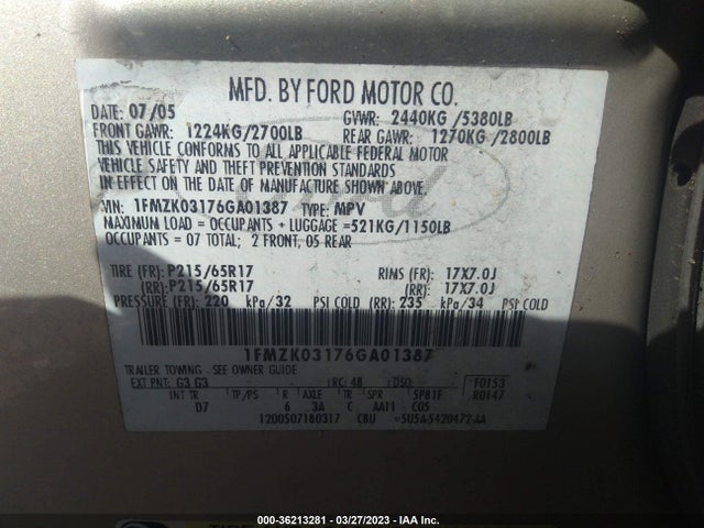 2006 FORD FREESTYLE LIMITED VIN: 1FMZK03176GA01387