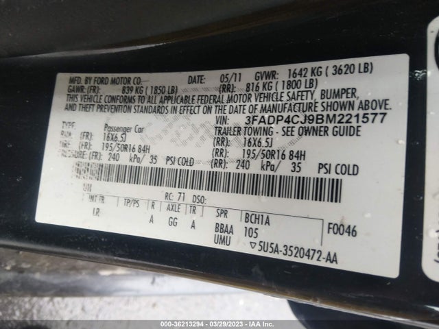 2011 FORD FIESTA SEL VIN: 3FADP4CJ9BM221577