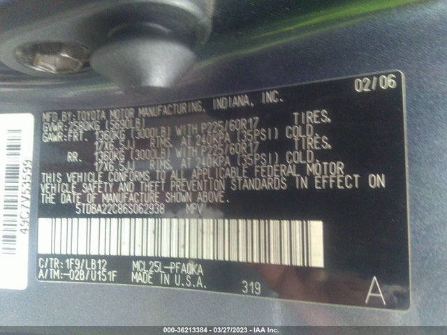 2006 TOYOTA SIENNA XLE VIN: 5TDBA22C86S062938