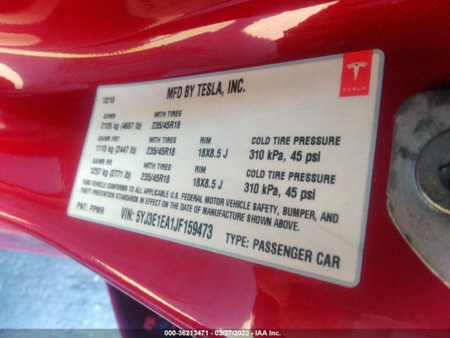 Tesla Model 3 Range Battery 2018 5YJ3E1EA1JF159473 Image 9