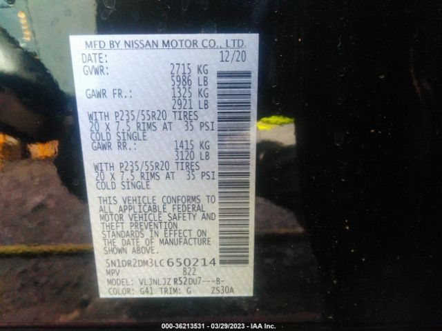 5N1DR2DM3LC650214 Nissan Pathfinder Platinum
