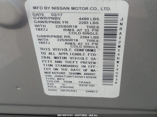 2017 NISSAN ROGUE SL VIN: JN8AT2MT4HW145938