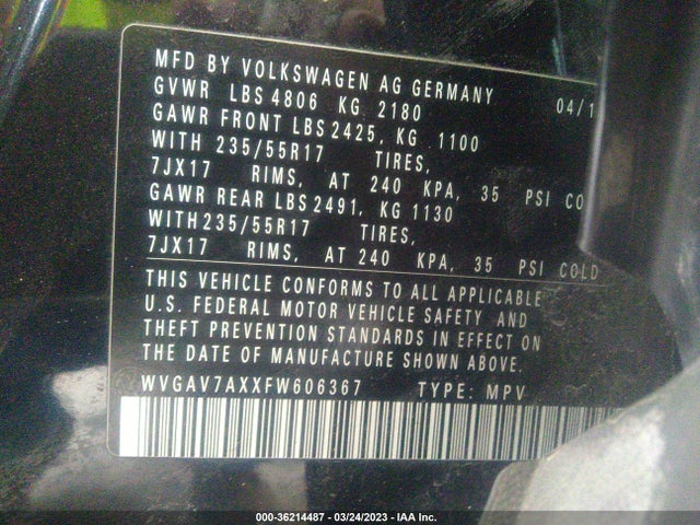 WVGAV7AXXFW606367 Volkswagen TIGUAN SE
