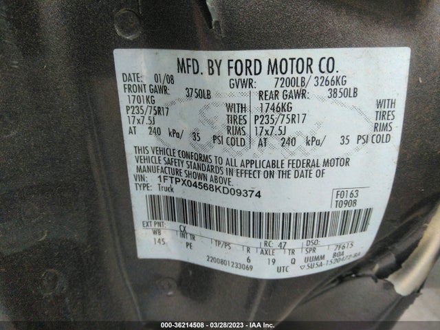 2008 FORD F-150 XLT/FX4 VIN: 1FTPX04568KD09374