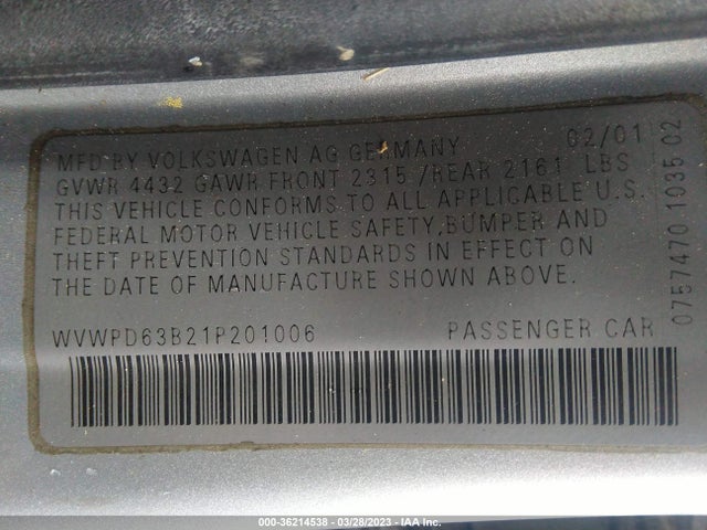 2001 VOLKSWAGEN PASSAT GLS VIN: WVWPD63B21P201006