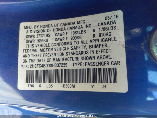 2016 HONDA CIVIC COUPE LX-P VIN: 2HGFC4B00GH307259