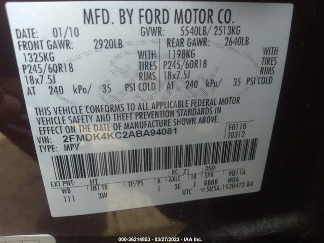 2010 FORD EDGE LIMITED VIN: 2FMDK4KC2ABA94081