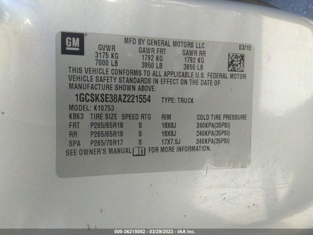 2010 CHEVROLET SILVERADO 1500 LT VIN: 1GCSKSE38AZ221554