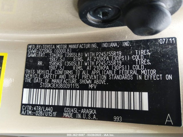 2011 TOYOTA HIGHLANDER LIMITED VIN: 5TDDK3EH3BS091115