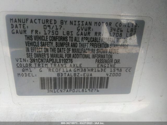 3N1CN7AP0JL819276 Nissan Versa Sedan Sv