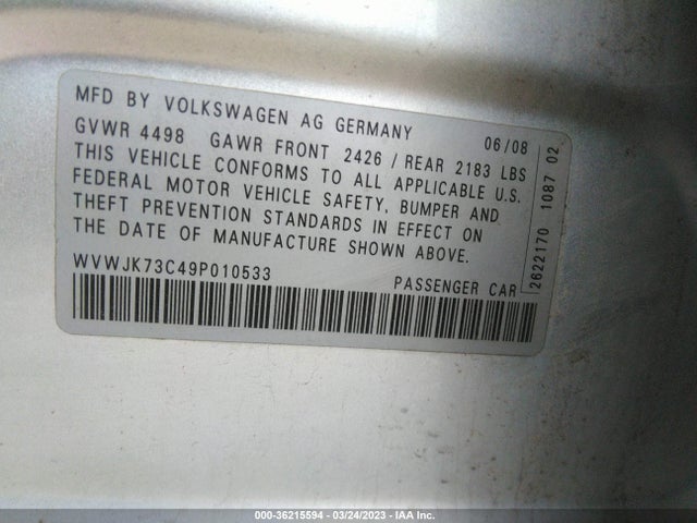2009 VOLKSWAGEN PASSAT SEDAN KOMFORT VIN: WVWJK73C49P010533