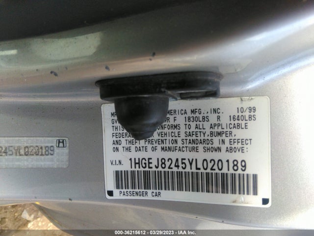 2000 HONDA CIVIC EX VIN: 1HGEJ8245YL020189