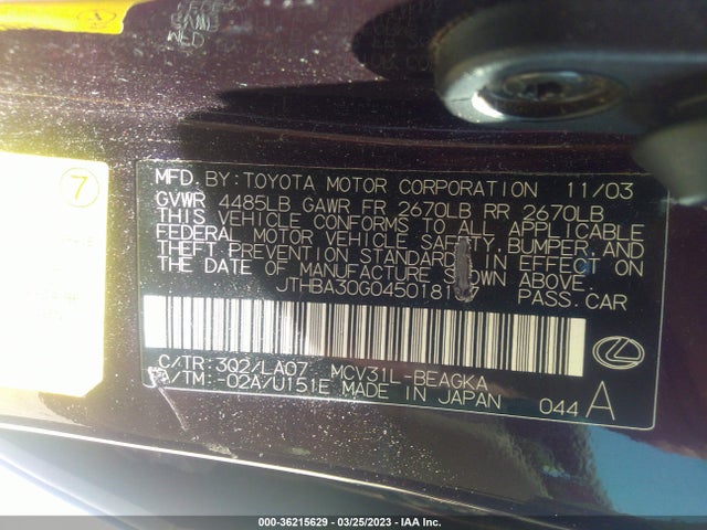 2004 LEXUS ES 330 VIN: JTHBA30G045018137