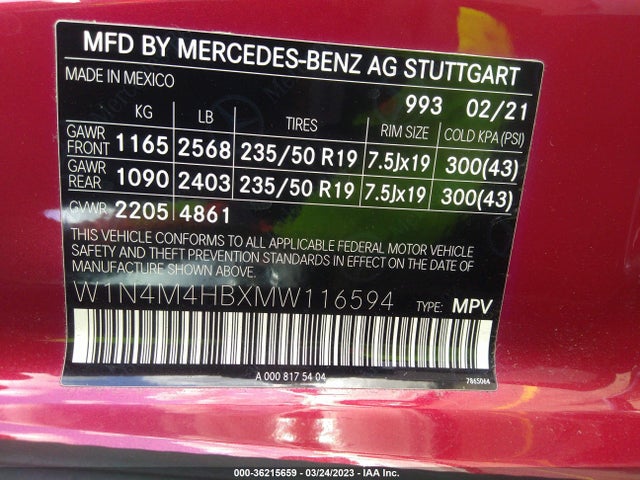 2021 Mercedes-Benz GLB-Class, VIN: W1N4M4HBXMW116594