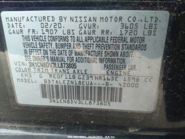 2020 Nissan Versa, VIN: 3N1CN8DV3LL873805