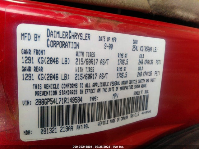 2001 DODGE GRAND CARAVAN ES VIN: 2B8GP54L71R149584