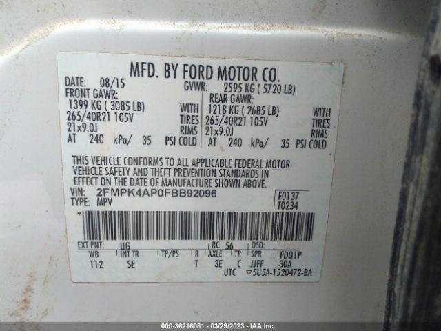 2FMPK4AP0FBB92096 Ford EDGE SPORT