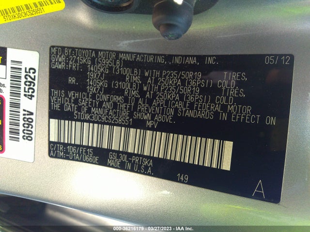 2012 TOYOTA SIENNA SE VIN: 5TDXK3DC9CS258551