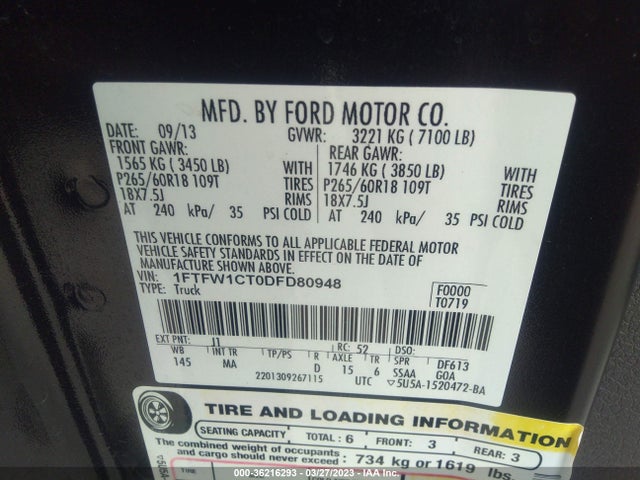 2013 FORD F-150 XL/XLT/FX2/LARIAT VIN: 1FTFW1CT0DFD80948