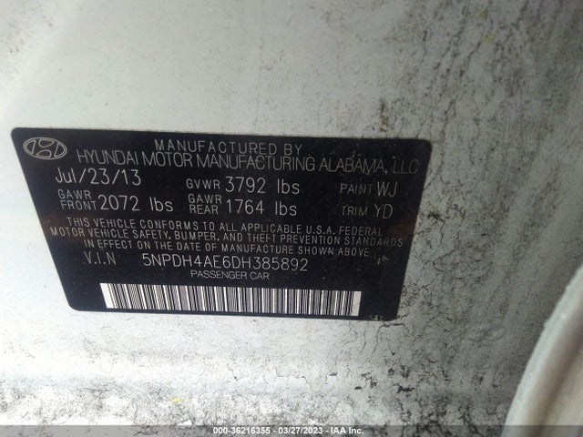 2013 HYUNDAI ELANTRA GLS VIN: 5NPDH4AE6DH385892