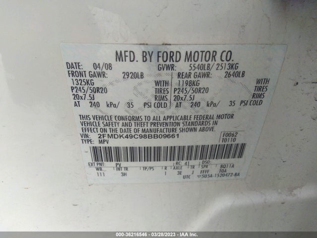 2008 FORD EDGE LIMITED VIN: 2FMDK49C98BB09661