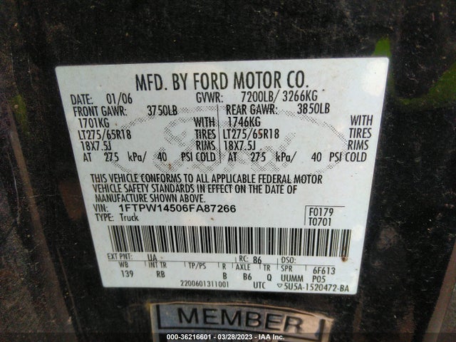 2006 FORD F-150 XLT/FX4/LARIAT/KING RANCH VIN: 1FTPW14506FA87266