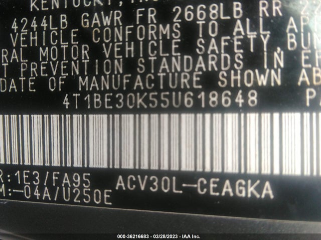 2005 TOYOTA CAMRY LE/SE/XLE VIN: 4T1BE30K55U618648