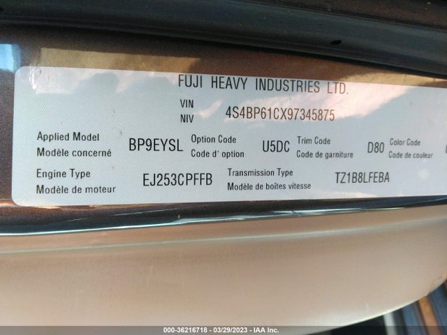 2009 SUBARU OUTBACK SPECIAL EDTN VIN: 4S4BP61CX97345875
