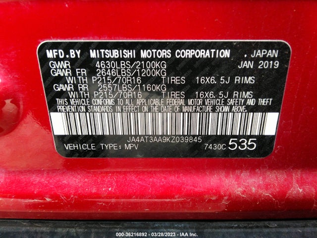 JA4AT3AA9KZ039845 Mitsubishi Eclipse Cross Es