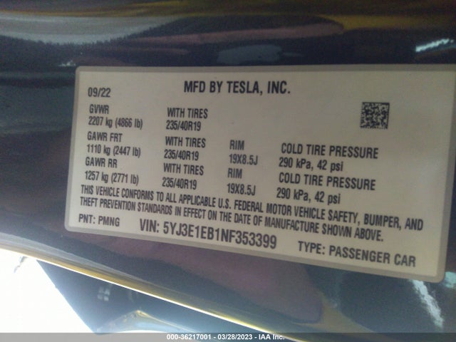 Tesla Model 3 Long Range 2022 5YJ3E1EB1NF353399 Image 10